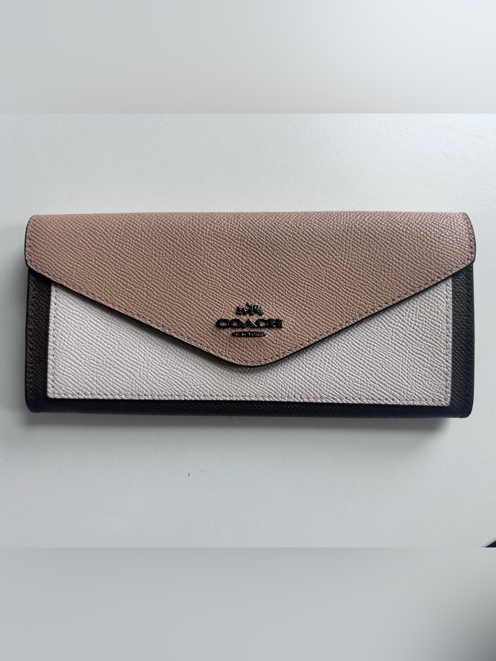 Coach Tri-Color Leather Envelope Wallet - Tan, White, Brown Pebbled Leather